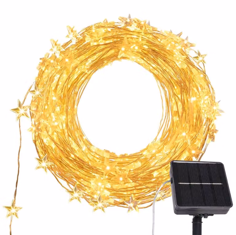 Catena luminosa solare con 120 LED, lunghezza 12,2 metri, luce bianco caldo, 8 modalità