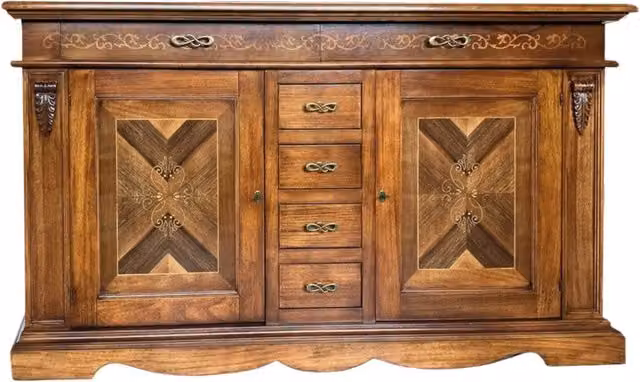 Credenza con intarsio in legno Mobili 2G con 2 porte e 6 cassetti, finitura bassano, colore marrone, L: 210 cm, P: 55 cm, H: 115 cm – 2