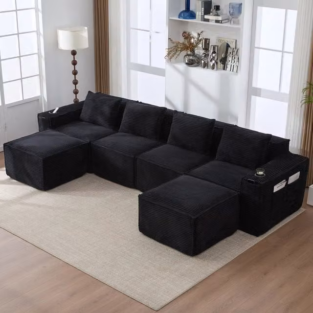 Divano modulare a 4 posti in tessuto a coste con 2 pouf, portabicchieri e tasche laterali, nero 330 × 162 × 75 cm
