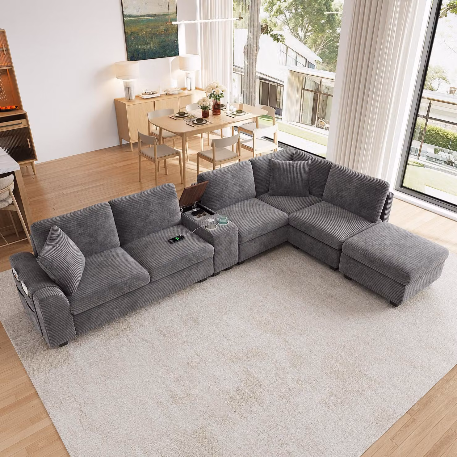 Divano angolare okwish con pouf contenitore, divano a forma di "U" con tasche laterali e portabicchieri, divano classico con porte USB/Type-C, grigio