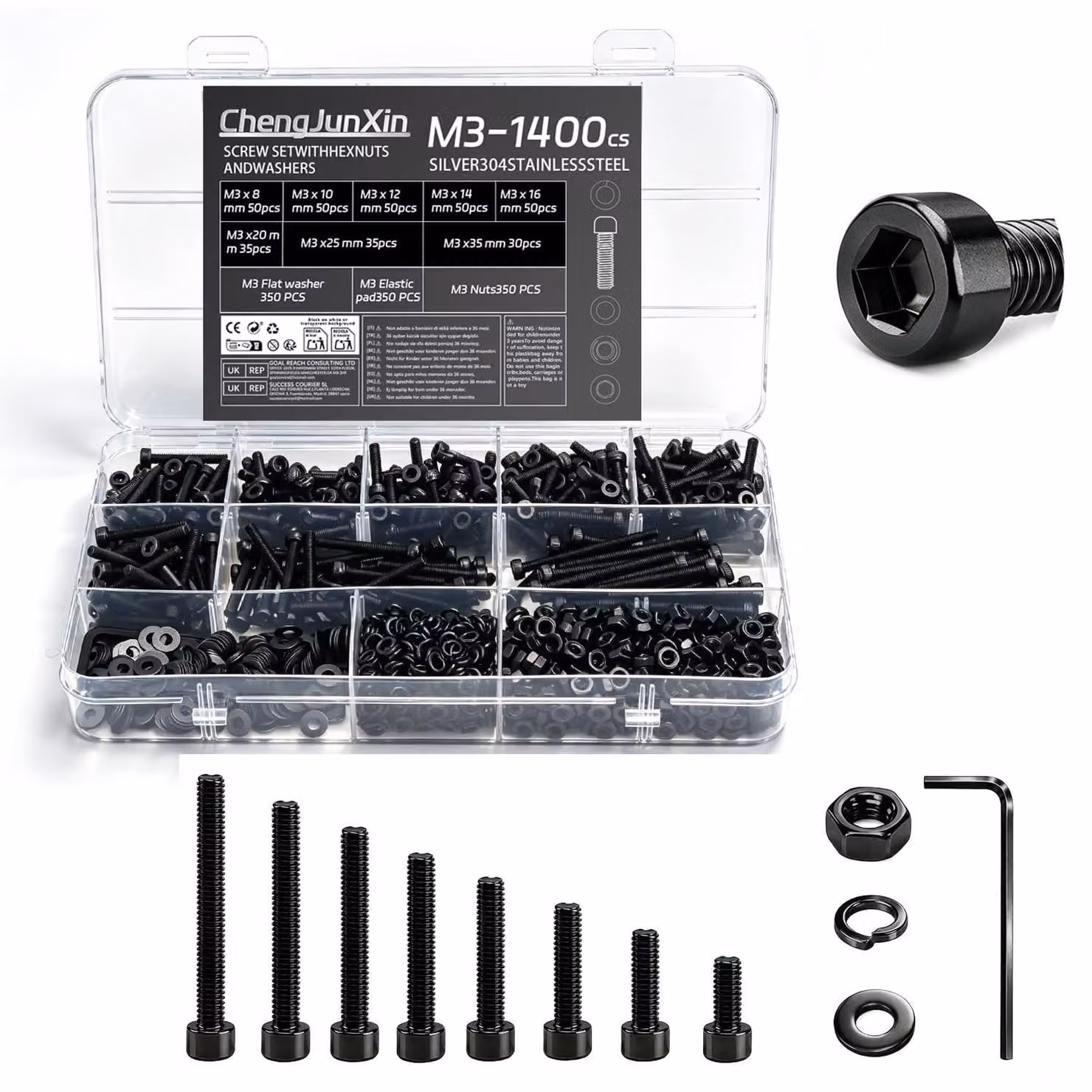 Set di 1400 viti e bulloni Acciaio al carbonio, modello M3