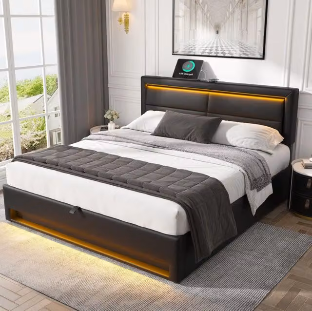 Letto imbottito 160x200 cm; USB; LED e contenitore; PU; nero (Senza materasso)