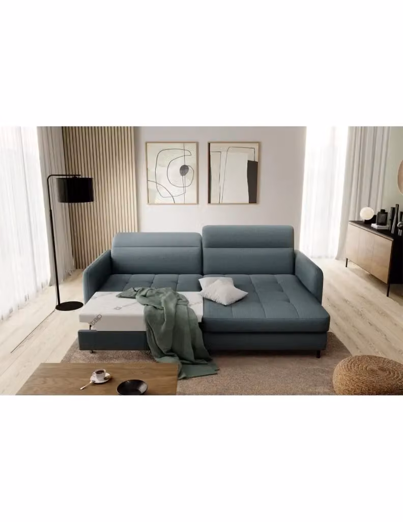 Divano ad angolo moderno MEUBLORAMA collezione GOUMSI colore verde con funzione letto e poggiatesta regolabile L/P/H: 228 x 165 x 128 cm – 2