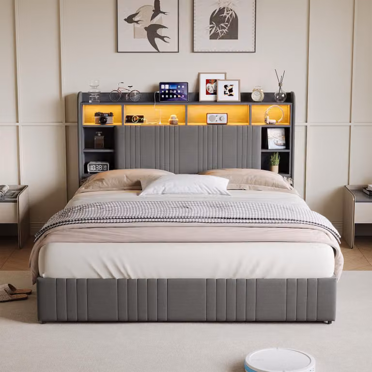 Letto imbottito ProximaX 160x200cm con USB e prese, letto per ragazzi letto matrimoniale con 4 cassetti, letto contenitore letto in legno massiccio con LED e rete a doghe, lino, grigio