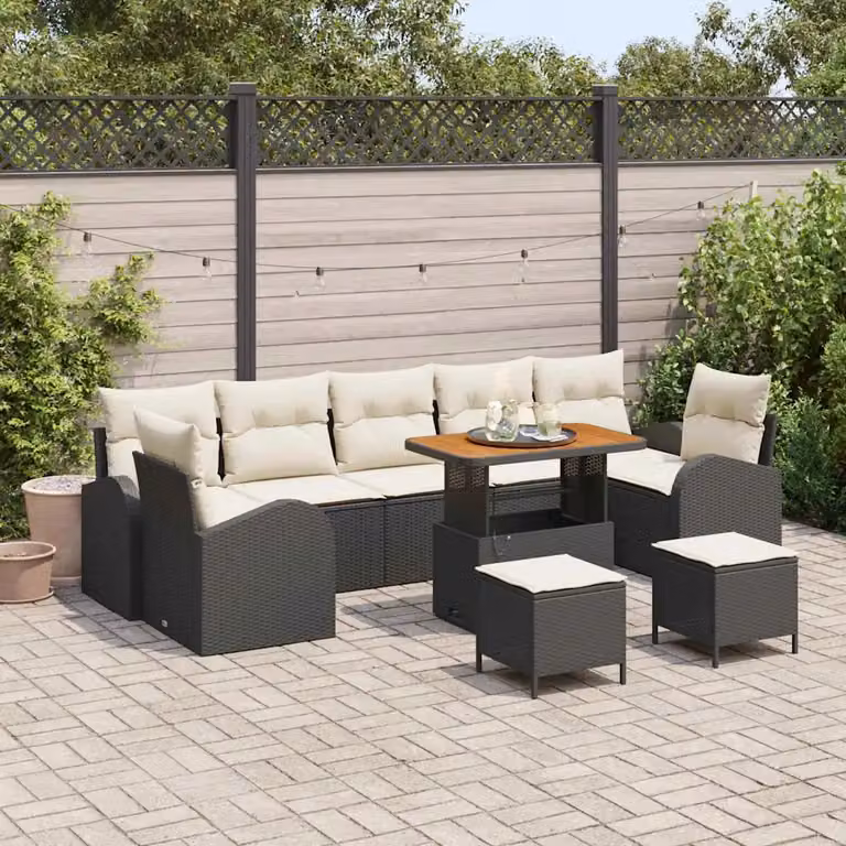 Set Divano da Giardino vidaXL 10 Pezzi a Forma di U con Cuscini Nero e Beige