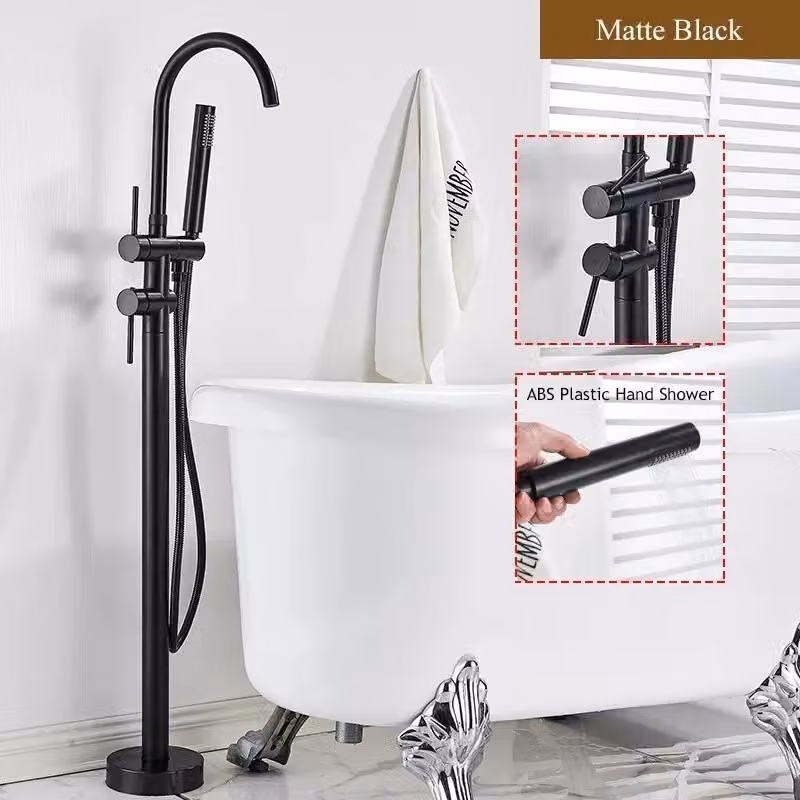 Miscelatore a pavimento per vasca da bagno, set doccia - Miscelatore freestanding per vasca - Bocchetta girevole a 360° - Getto a cascata - Miscelatore a due manopole - Doccetta manuale - Nero