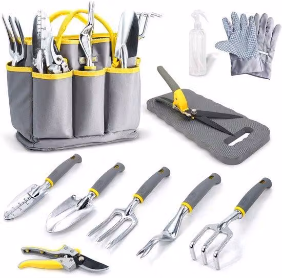 Set di attrezzi da giardino Unyqoos® da 11 pezzi – alluminio lucido, impugnature ergonomiche, include forbici per erba e forbici da giardino, borsa in Oxford 600D, flacone spray da 500 ml