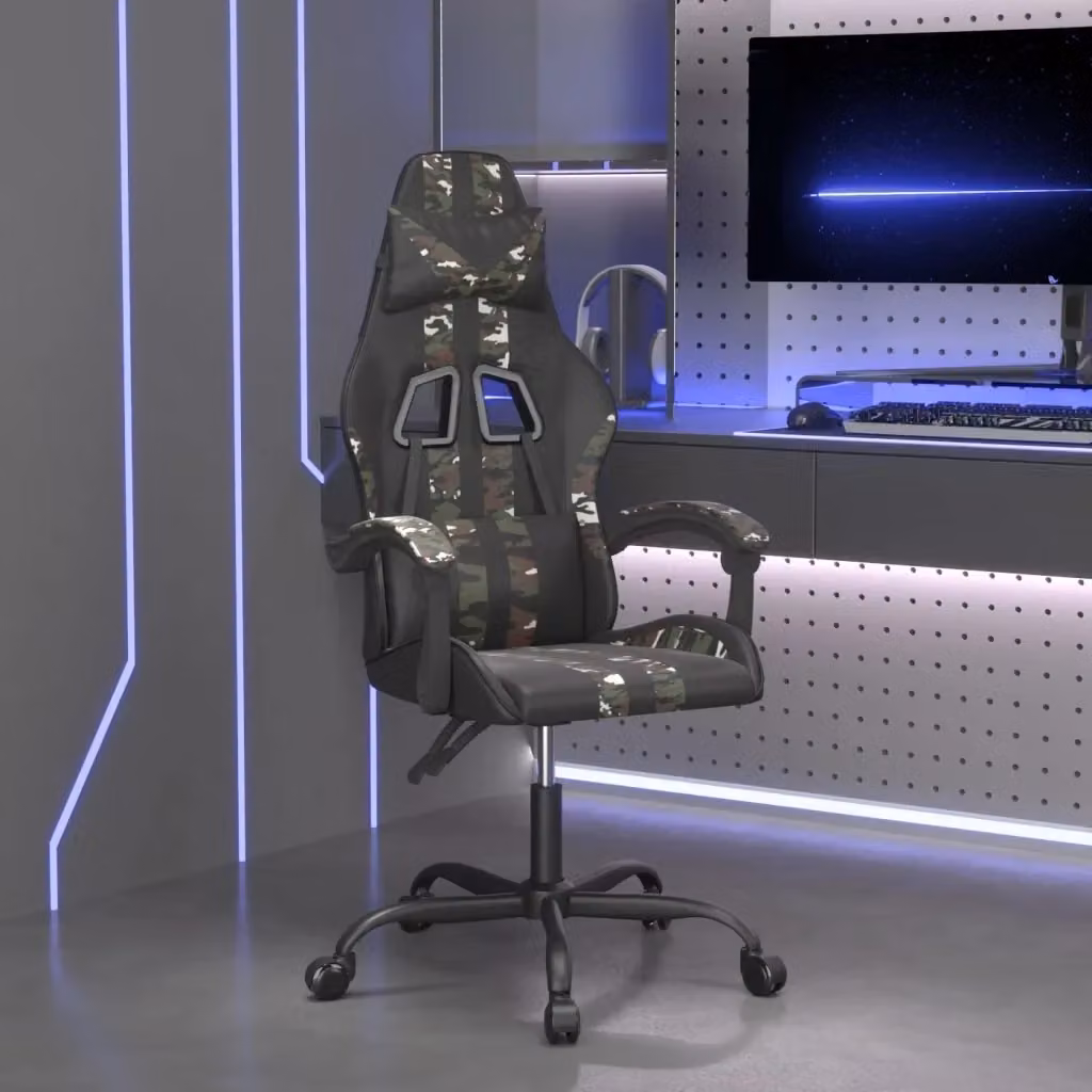 Sedia da Gaming Multicolore Nero e Mimetico in Similpelle con Poggiatesta e Ruote, Girevole a 360 Gradi – 2