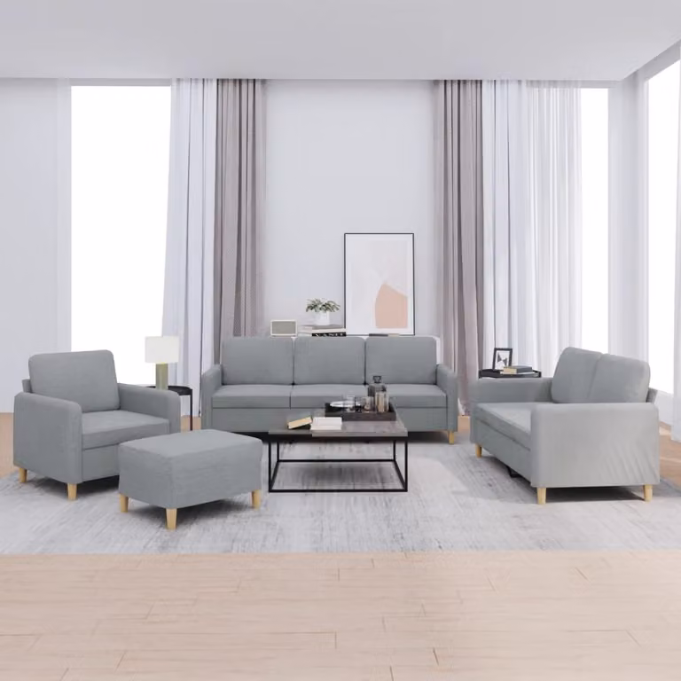 vidaXL Set di Divani 4 Pezzi Moderno in Tessuto Grigio con Cuscini e Pouf