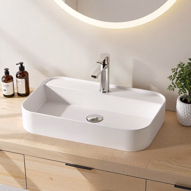 Lavabo in Vetroceramica EMKE, lavabo sospeso, lavabo da appoggio, bianco lucido, 40x40x11 cm