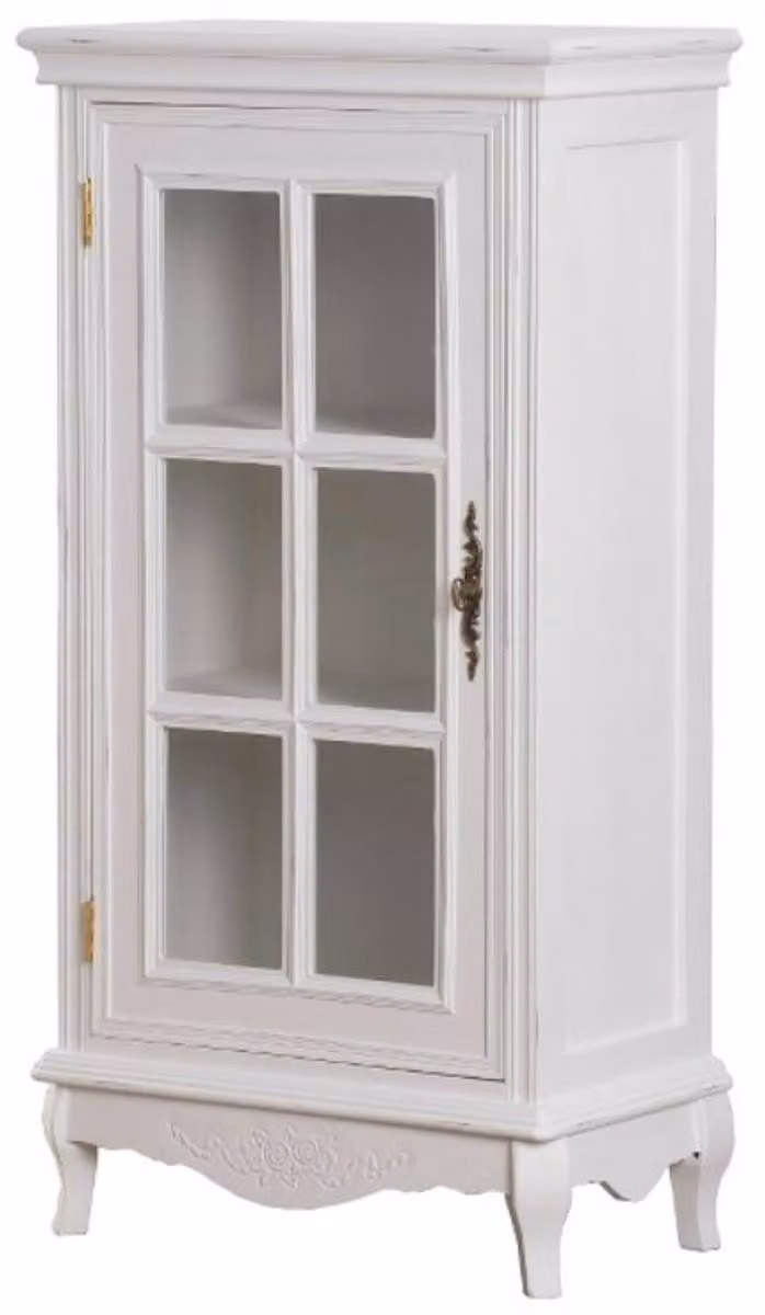 Comò in stile rustico Casa Padrino, color bianco anticato, dimensioni 52 x 30 x altezza 101 cm, comò shabby chic con porta in vetro