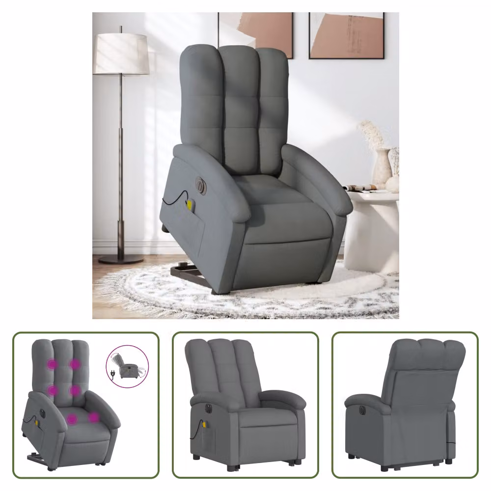 The Living Store Poltrona massaggiante elettrica con ausilio per la posizione eretta in tessuto grigio scuro