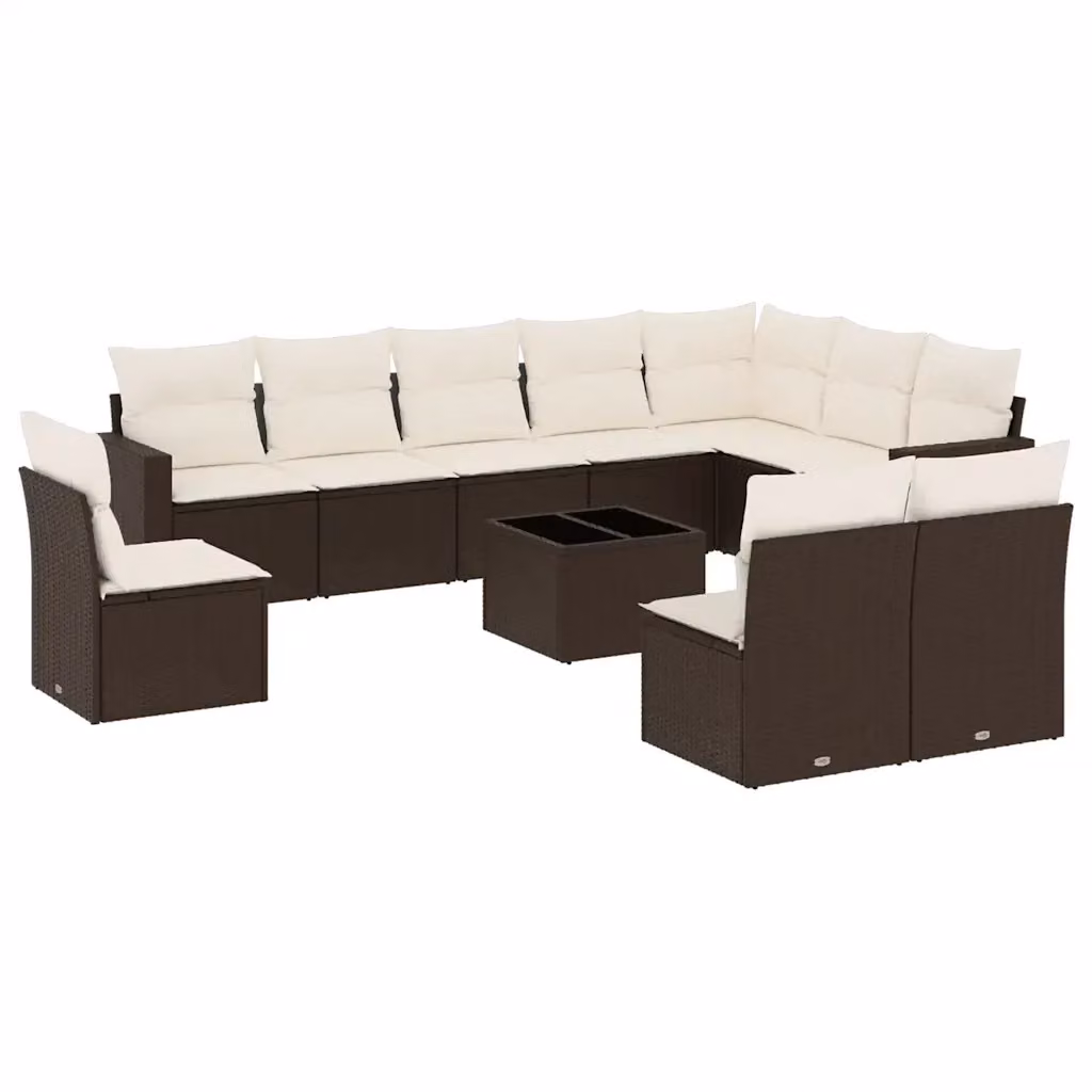 vidaXL Set Divani da Giardino 11 pz in Polyrattan Marrone con Cuscini e Tavolino da Esterno – 2
