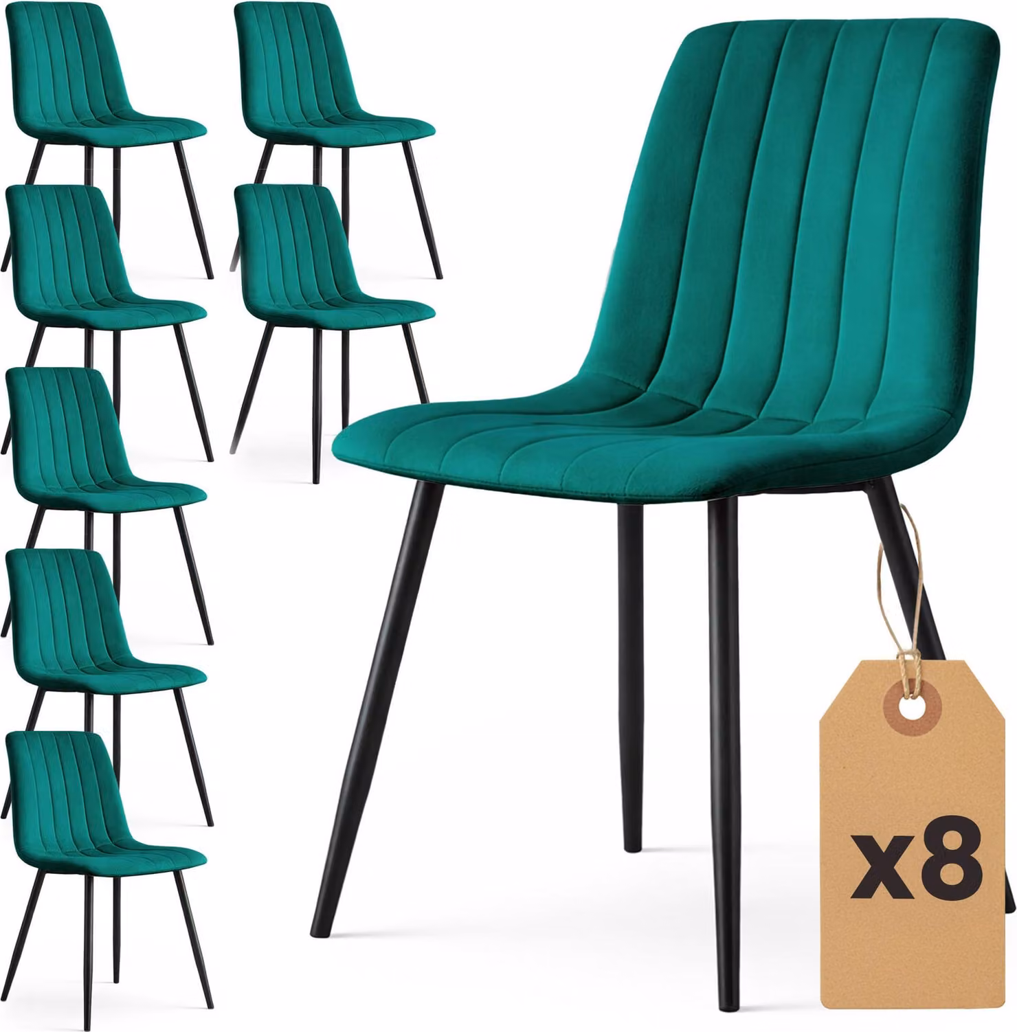 Set di 8 Sedie in velluto trapuntate LIVO Verde Bottiglia gambe nere