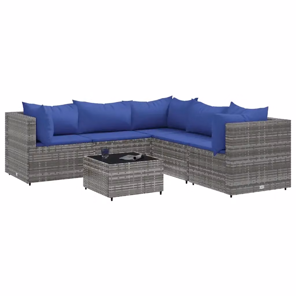 Set Divani da Giardino vidaXL 6 pz a Forma a L con Tavolino e Cuscini, Colore Grigio e Blu – 2