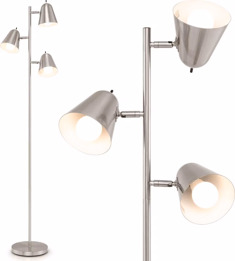 COSTWAY lampada da terra a 3 fiamme 163cm, lampada da terra con 3 lampadine E27, paralumi regolabili a 360° e base pesante, lampada da lettura argento