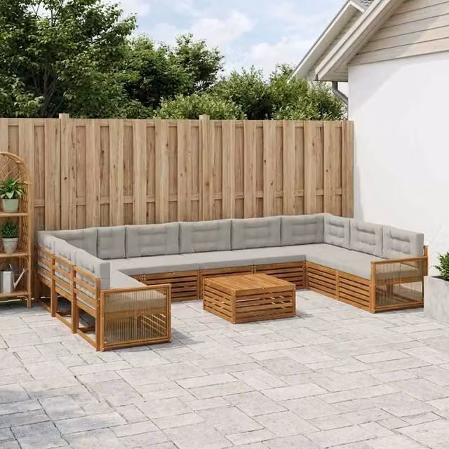 Set di divani da giardino vidaXL in legno di acacia con cuscini beige e grigi, 11 pezzi – 1