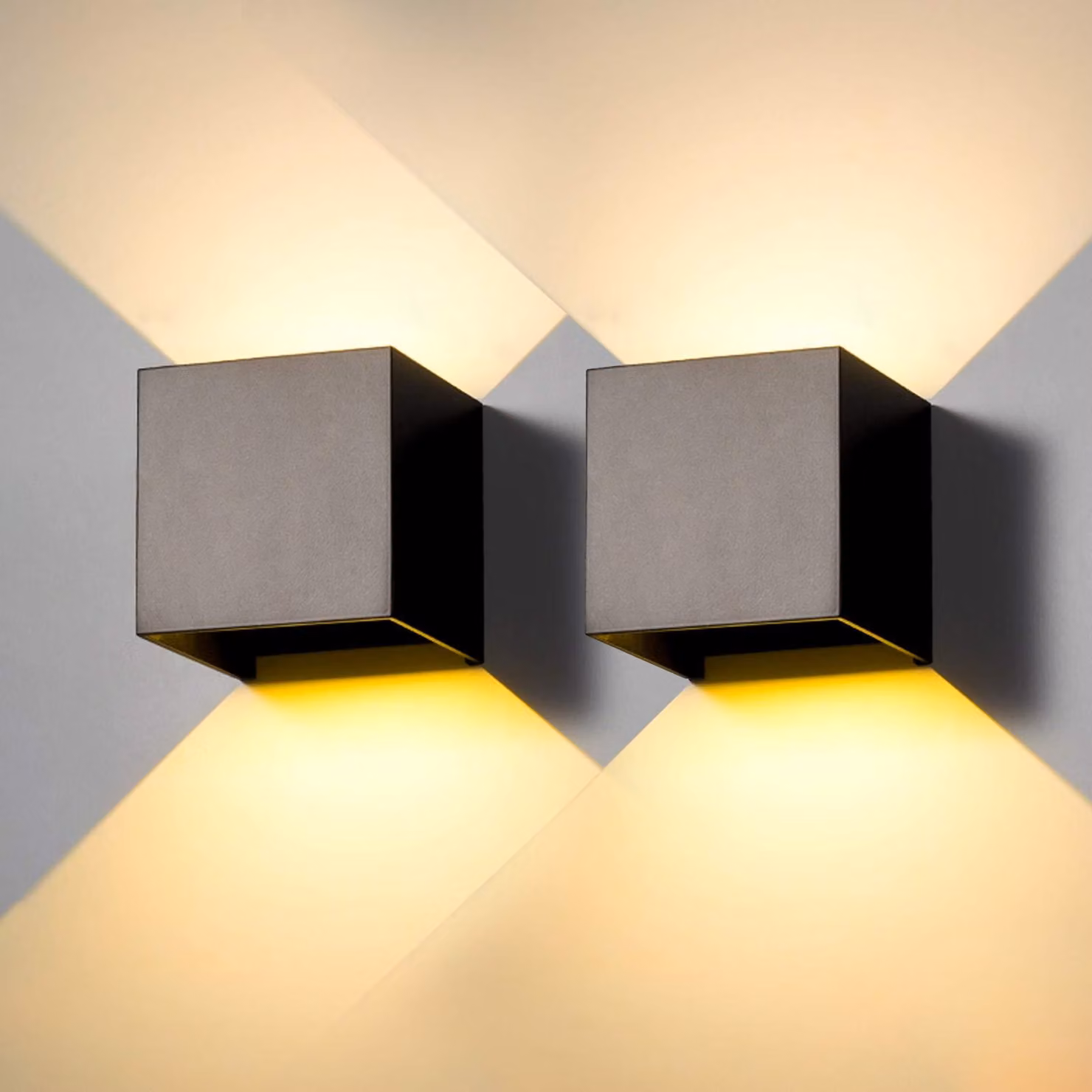 2 faretti LED da parete, 6W, grado di protezione IP65, alluminio, forma quadrata, colore nero, luce bianco caldo 3000K