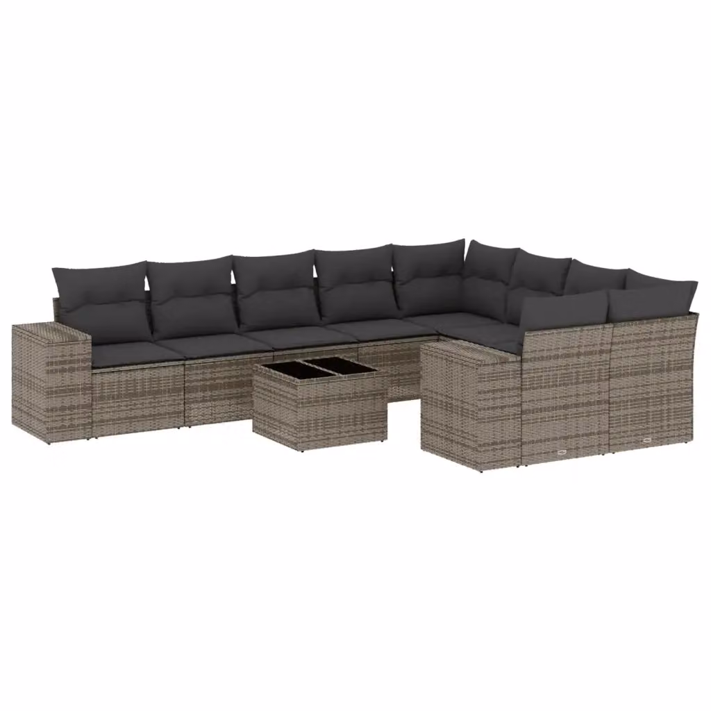vidaXL Set Divano da Giardino 10 pz a Forma a L in Polyrattan Grigio con Cuscini e Tavolino – 2