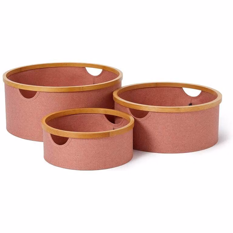 LUMALAND Scatola portaoggetti rotonda con cornice in bambù - Set da 3 - Rosa