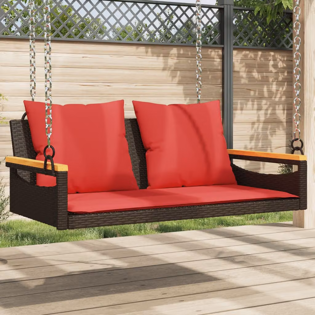 Panchina dondolo vidaXL in polyrattan marrone con cuscini in tessuto resistente ai raggi UV L: 109 cm, P: 62 cm, H: 40 cm