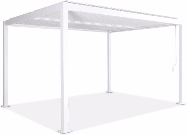 Pergola bioclimatica Sweeek in alluminio e acciaio zincato bianca con lamelle orientabili e montaggio a pavimento