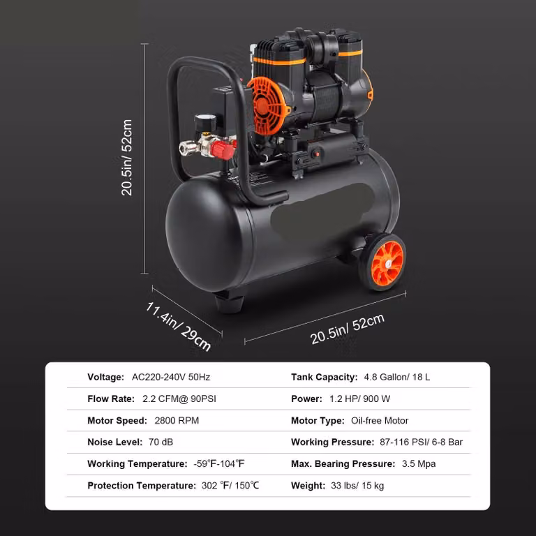 Compressore d'aria - Compressore silenzioso - Pompa d'aria - Compressore portatile senza olio - 18L - 900W