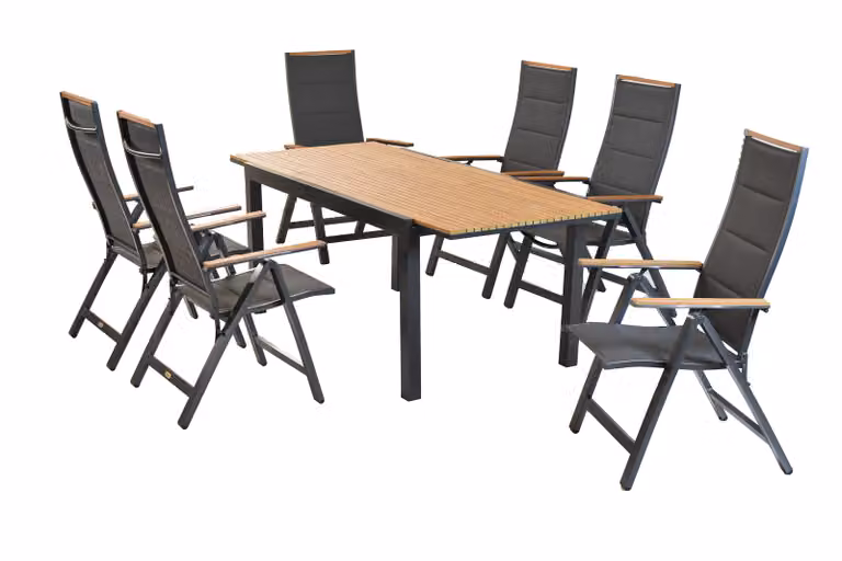 Set Merxx "Verona" da 7 pezzi, 6 poltroncine pieghevoli, tavolo allungabile 150 (200) x 90 cm, piano in plastica, alluminio/tessuto