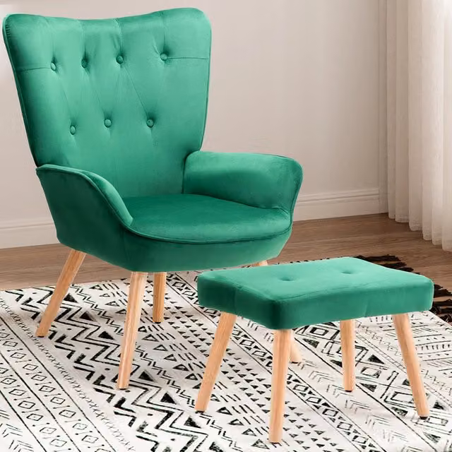 Poltrona con Sgabello BAKAJI in Velluto Verde con Struttura in Metallo e Legno per Salotto Moderno – 1
