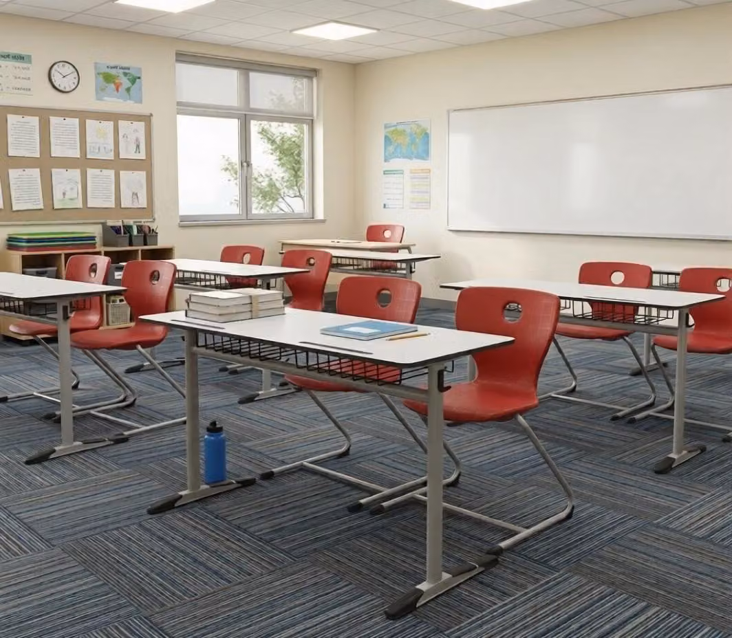 Set scolastico moderno ed ergonomico, grigio: banco rosso e sedia a due posti