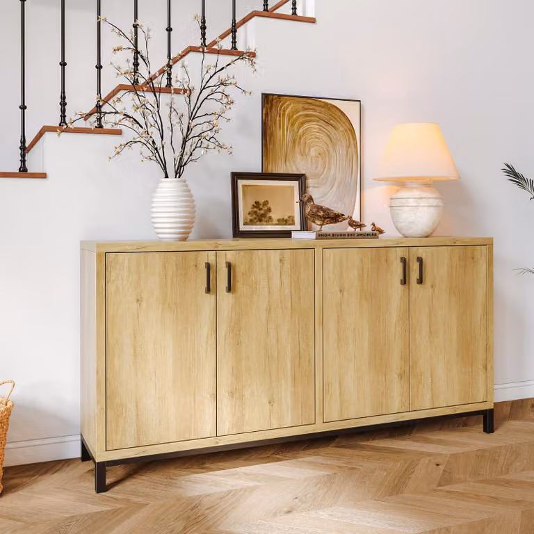 Mobile contenitore laterale REMZETTA, 160 cm, con 4 ante e 4 scomparti. Comodino in legno effetto noce con maniglie in metallo nero e gambe in metallo, ideale per soggiorno e sala da pranzo