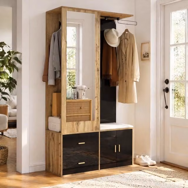 Set di mobili da ingresso MIVRAY con specchio, panca, scarpiera e appendiabiti, nero naturale, L 100 x P 38 x H 180 cm