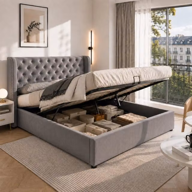 Letto imbottito matrimoniale a orecchio 140x190 cm in velluto con sollevamento idraulico, rete a doghe e contenitore - Grigio