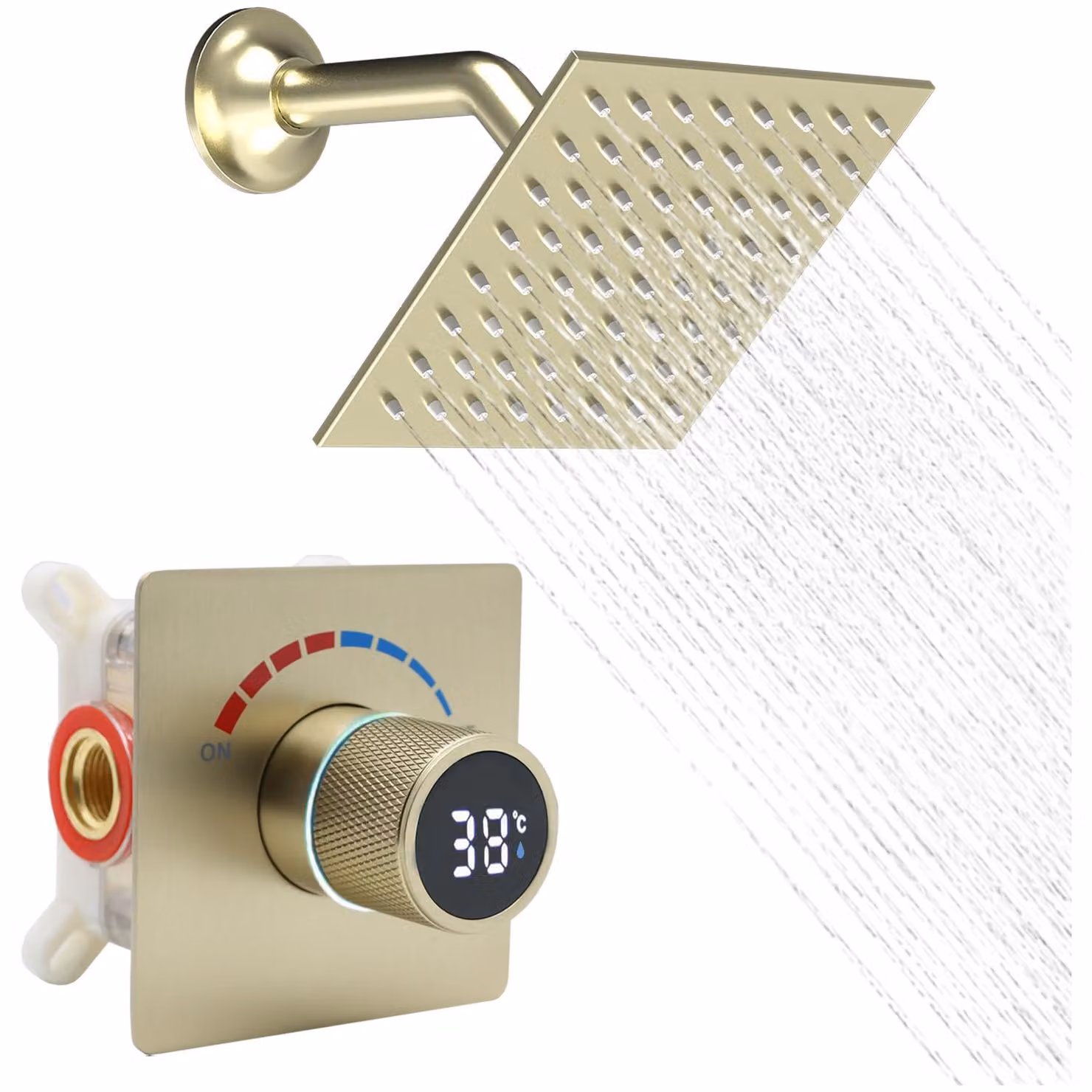 Set doccia con display LED, soffione a pioggia da 15,5 cm, modello a 4 fori, finitura oro spazzolato