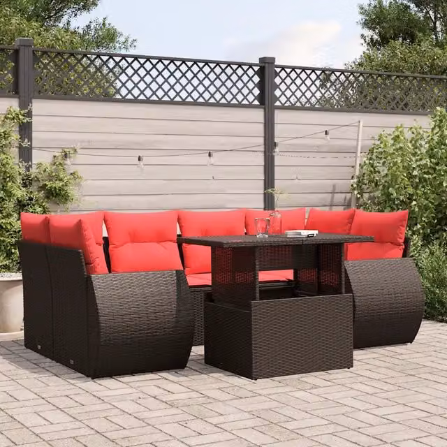 Set Divani da Giardino 7 pz con Cuscini Marrone in Polyrattan 3268394