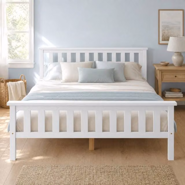 Letto matrimoniale in legno massiccio di pino 140x200 cm con rete a doghe, colore bianco