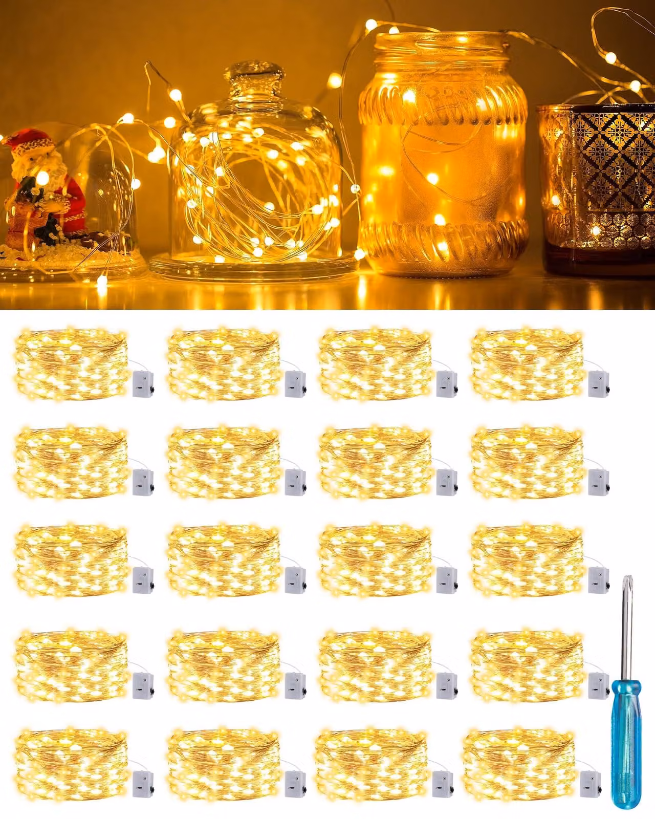 Confezione da 20 luci decorative a LED, alimentate a batteria, lunghezza 2 metri, 20 LED, luce bianco caldo