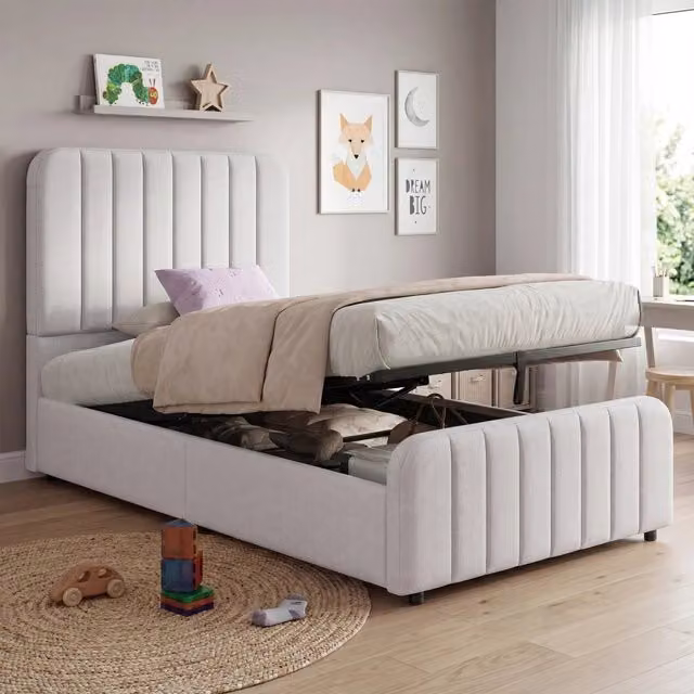 Letto imbottito singolo per bambini 90 x 200 cm con contenitore idraulico, rete a doghe, testiera imbottita, lino, Grigio