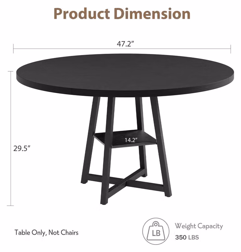 Tavolo rotondo da pranzo, diametro 120 cm - Tavolo da cucina - Per 4 persone - Design moderno in stile rustico - Salvaspazio - Struttura in legno - Colore: nero