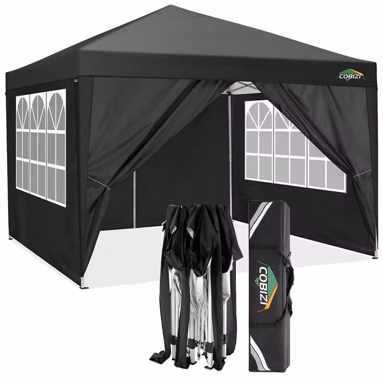 Gazebo da giardino pieghevole, 3 x 3 metri, impermeabile, con 4 pareti laterali, colore nero