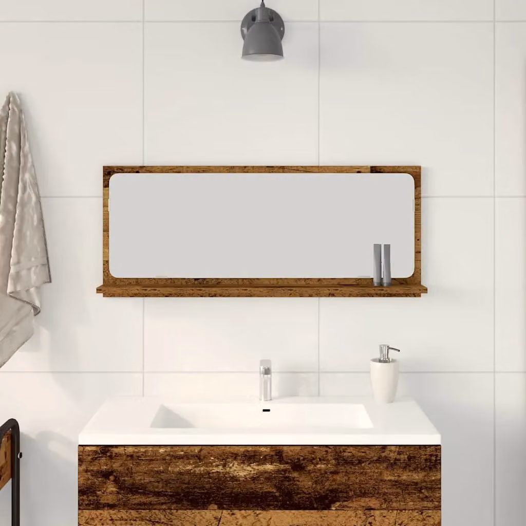 vidaXL Mensola con Specchio in Legno Vecchio Marrone L: 90 cm, P: 10,5 cm, H: 37 cm