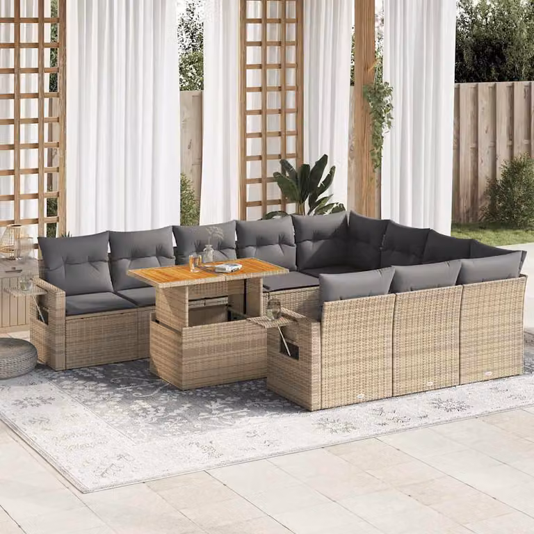 Set Divani da Giardino vidaXL 11 pz in Polyrattan e Legno di Acacia con Cuscini Beige e Grigio