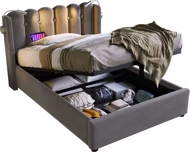 Letto Singolo Contenitore in Velluto Grigio con Luce da Lettura, Porta USB e Materasso Incluso, L/P/H: 90 x 200 x 103 cm