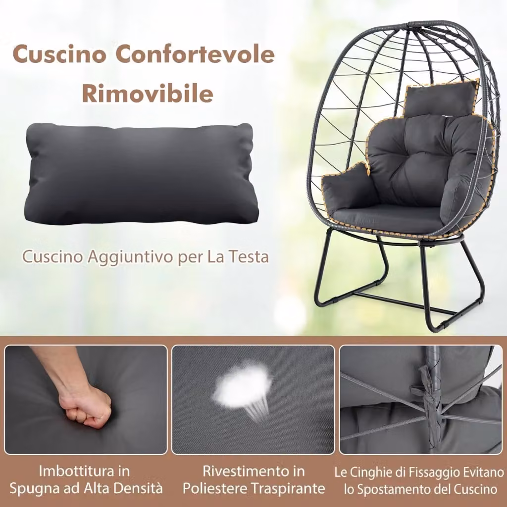 Poltrona sospesa a uovo Costway in rattan e metallo con cuscini rimovibili per giardino e terrazzo, Grigio, L: 100 cm x P: 76 cm x H: 145 cm – 2