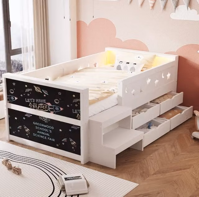 Letto singolo per bambini bianco con 4 cassetti, illuminazione LED e lavagna, L/P/H: 90 x 200 x 114 cm