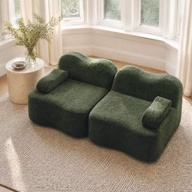 Divano modulare 2 posti a onda 192x98x70 cm in velluto verde senza montaggio