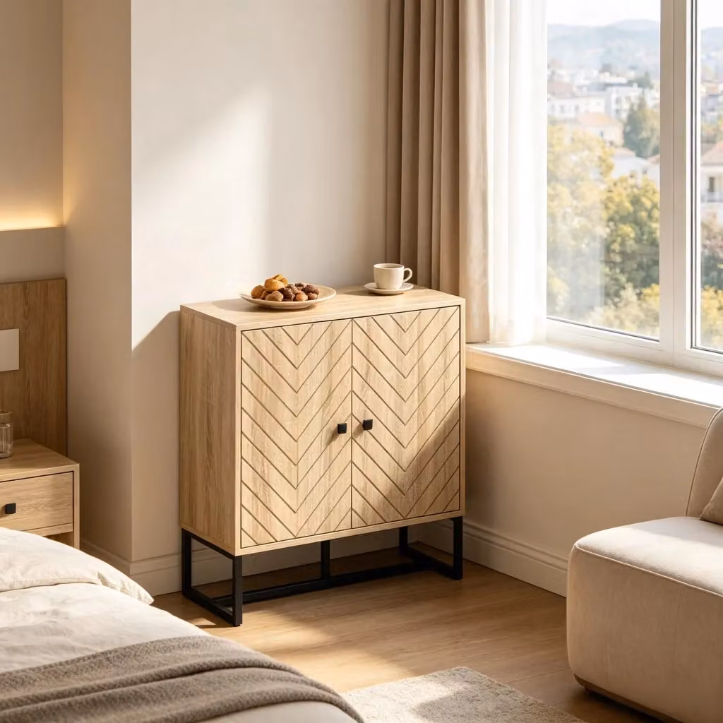 Credenza moderna WISHDOR bicolore nero e beige con ripiani in legno e base in metallo – 2