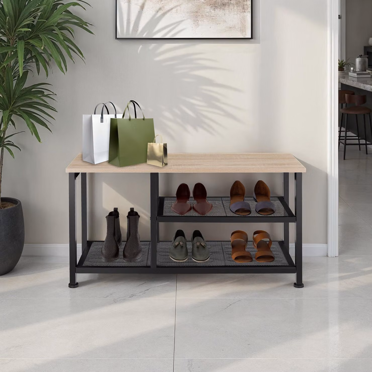 Scarpiera Industriale Tectake in Legno Rovere e Metallo, Marrone e Nero, L: 80 cm, P: 30 cm, H: 45,5 cm – 1