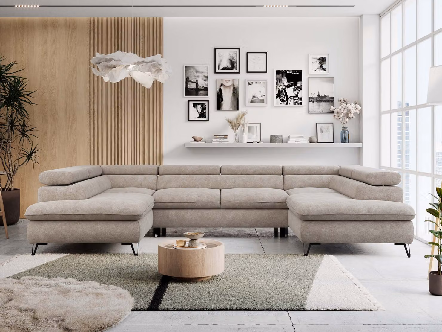 Divano ad angolo, modello universale, funzione letto, contenitore, a forma di U, poggiatesta regolabili, divano letto - PETER U - Struttura - Beige