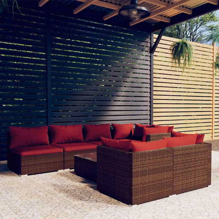 Set Divani da Giardino vidaXL 8 Pezzi con Tavolino e Cuscini in Polyrattan Marrone e Rosso con Struttura in Acciaio e Coperture Rimovibili